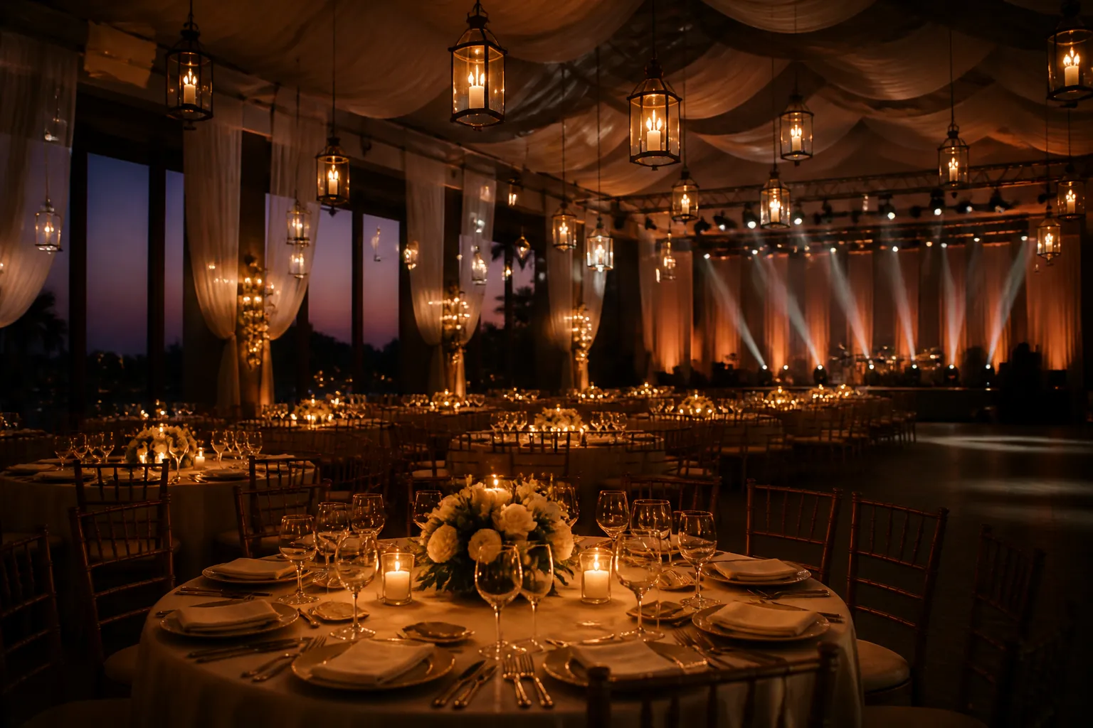 Elegant banquet hall prepared for a DuoDec event, warm amber lighting over empty tables